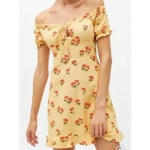 Yellow Off Shoulder Cherry Pattern mini dress from Urban Outfitters